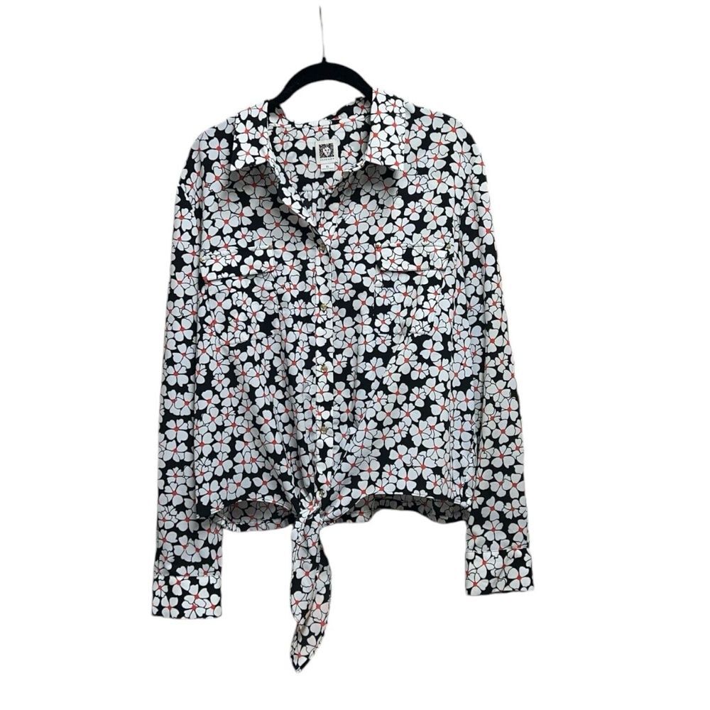 Anne Klein Top‎ Womens  Tie Front Black White Floral Gold Accent Buttons Size XL